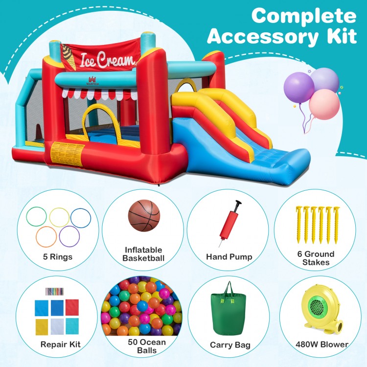 5-in-1 Ice Cream inflatable bounce house with slide, ball pit, and complete accessory kit for kids' outdoor fun.