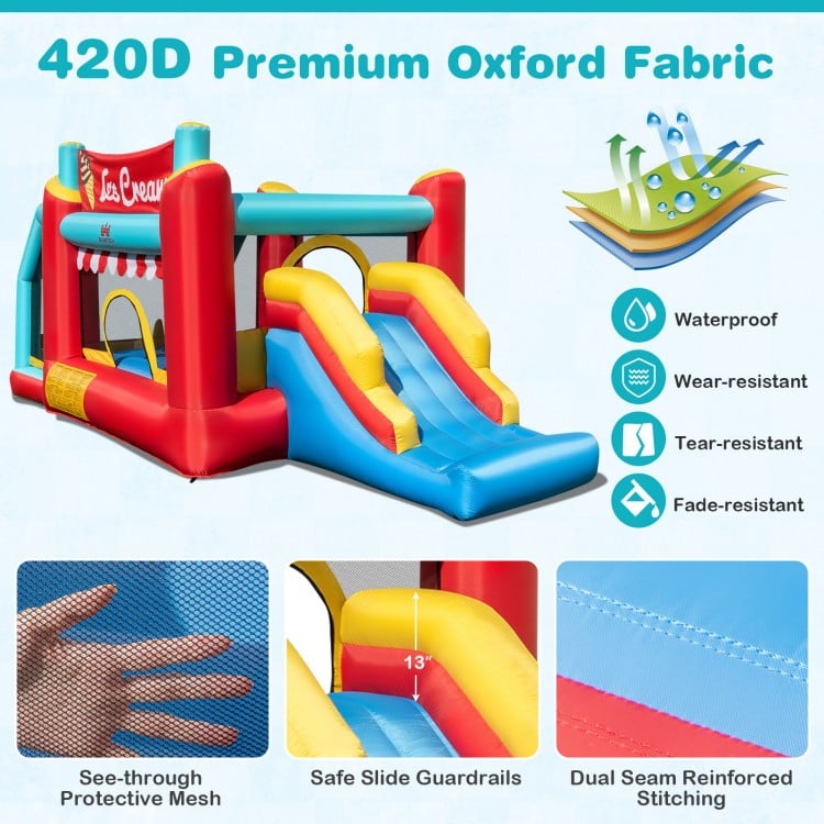5-in-1 Ice Cream inflatable bounce house with slide, ball pit, and protective mesh for safe outdoor fun.