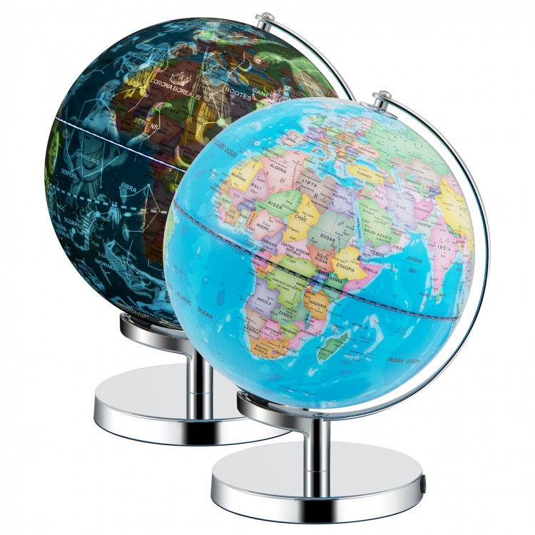 Illuminated 3-in-1 world globe set with geographical and constellation maps, featuring a stable chrome stand for.