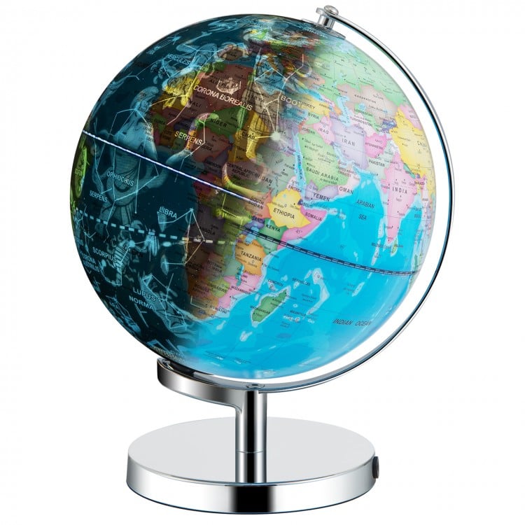 Illuminated world globe showcasing geographical and constellation maps, ideal for learning and exploration with a.