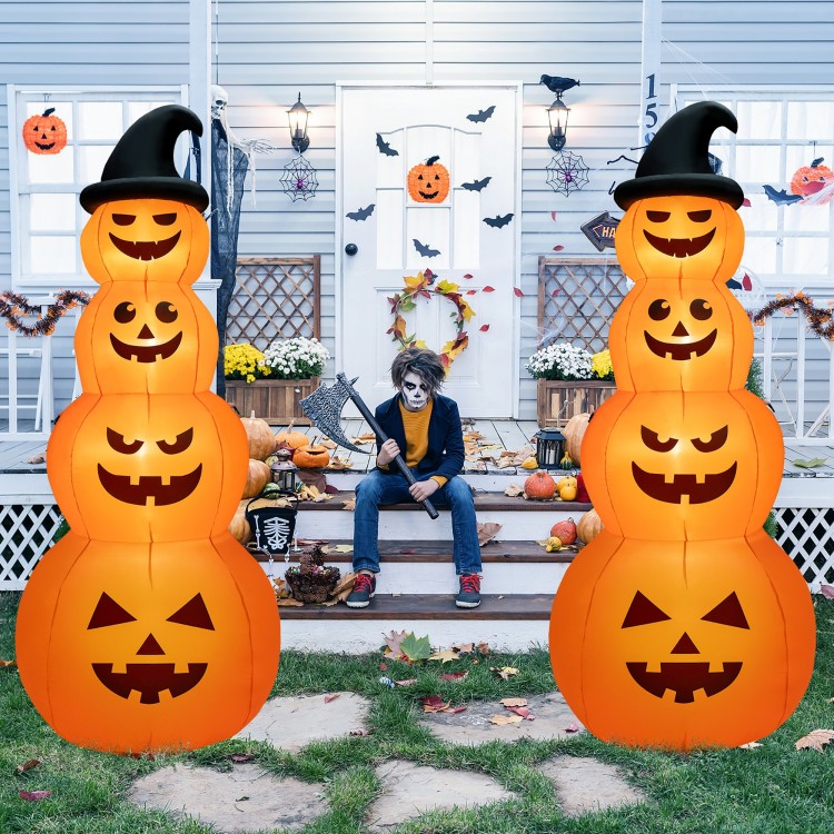 8-foot inflatable pumpkin stack with LED lights, featuring 4 spooky faces, perfect for Halloween yard decoration.