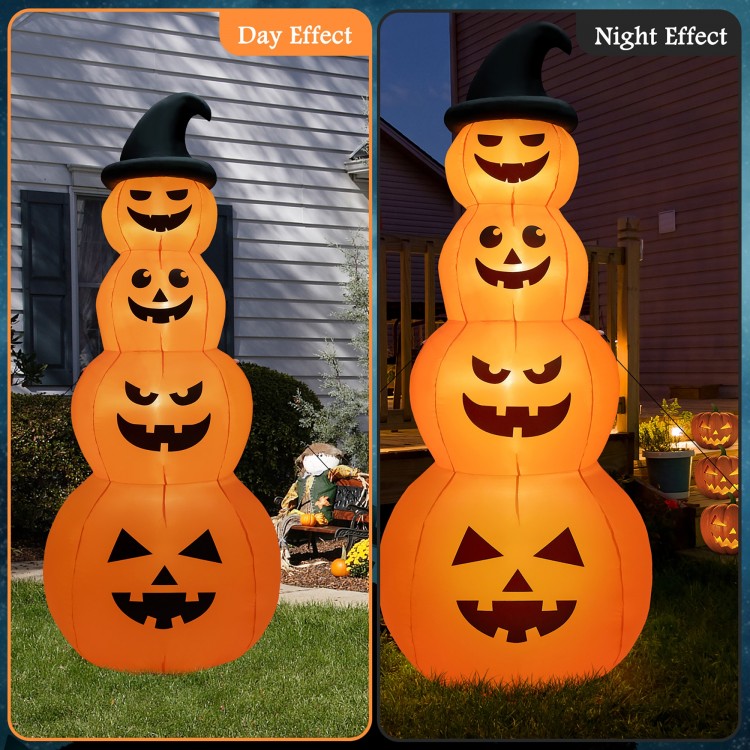 8-foot inflatable Halloween pumpkin stack with LED lights, showcasing day and night effects for festive yard decoration.
