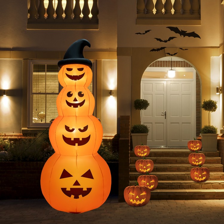 8-foot inflatable Halloween pumpkin stack with LED lights, featuring four faces, perfect for yard decoration.