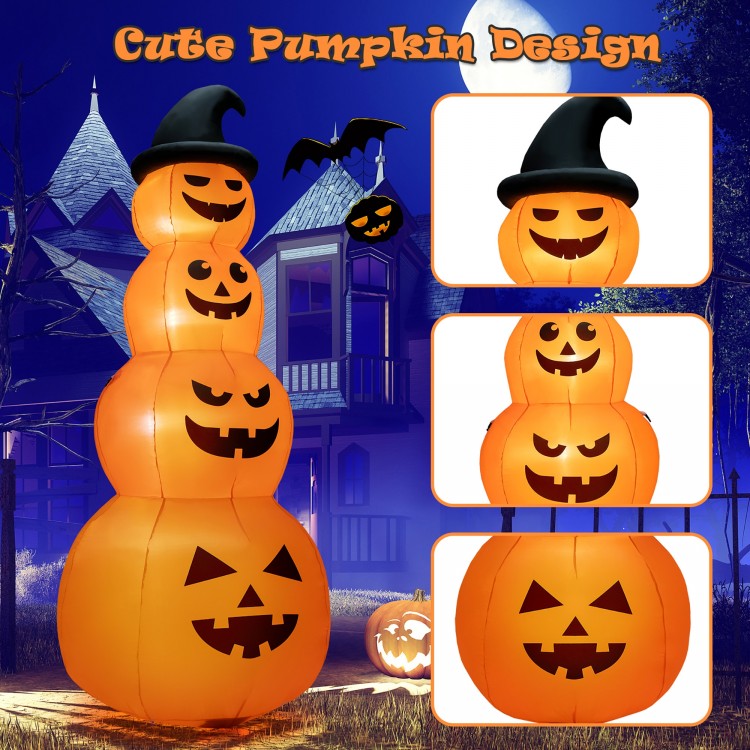 8-foot inflatable pumpkin stack with LED lights, featuring four spooky faces, perfect for Halloween yard decoration.