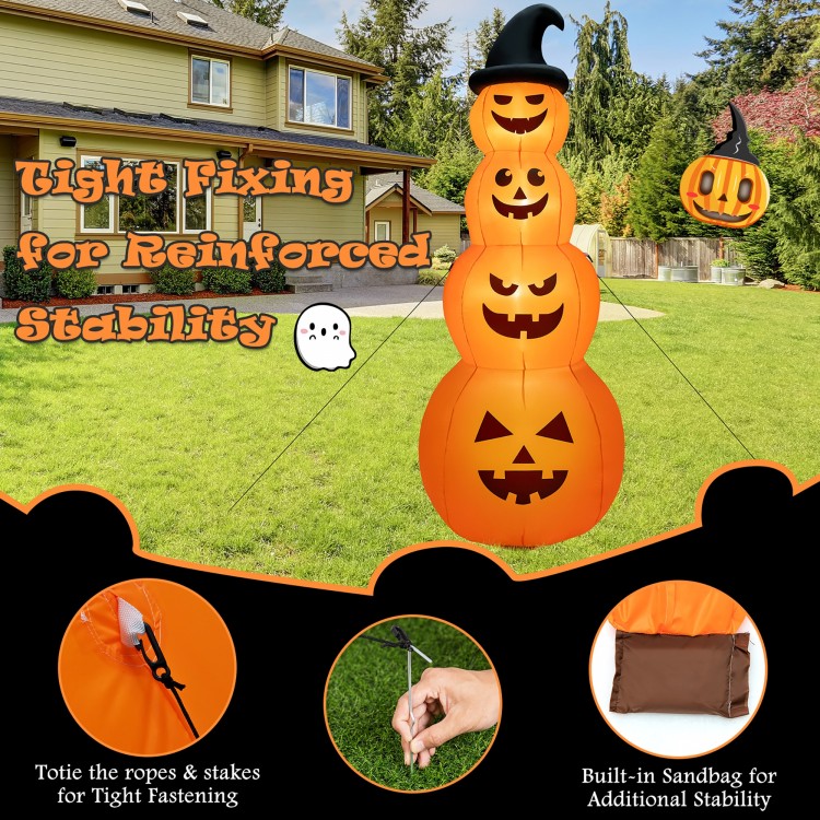 Close-up of the 8ft inflatable Halloween pumpkin stack, showcasing high-quality 190T polyester and bright LED lights.