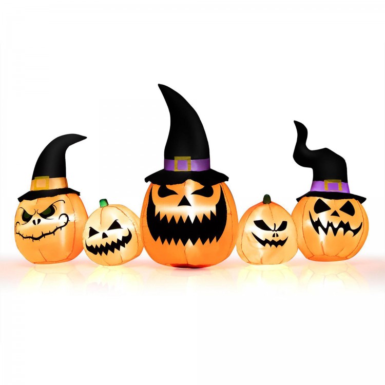 Inflatable pumpkin family with wizard hats, featuring five pumpkins, LED lights, perfect for Halloween yard decoration.