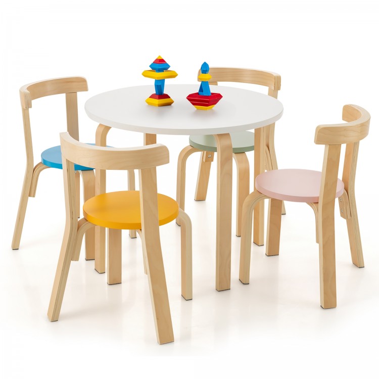 5-piece kids activity table and chair set in multi-color with curved backs, ideal for playtime and creativity.