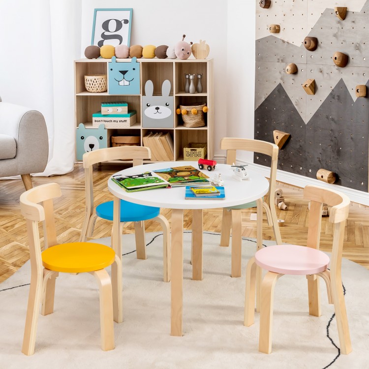 Colorful 5-piece kids wooden activity table and chair set with curved backs, perfect for playtime and creativity.