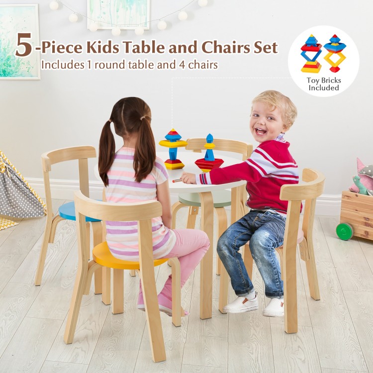 5-piece kids table and chairs set in multi-color, made of poplar and birch wood, perfect for playtime activities.