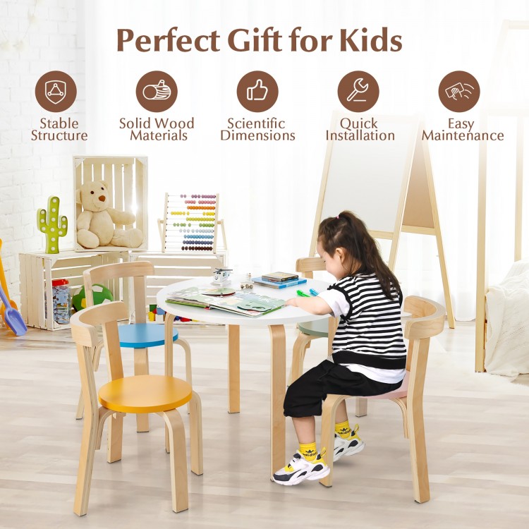 Kids wooden activity table set with curved back chairs, multi-color poplar and birch wood, perfect for playtime.