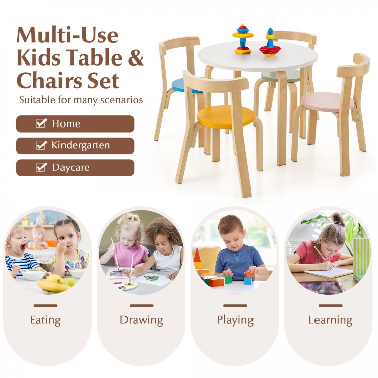 Multi-color kids wooden table and chairs set with curved backs, perfect for learning and playing activities.
