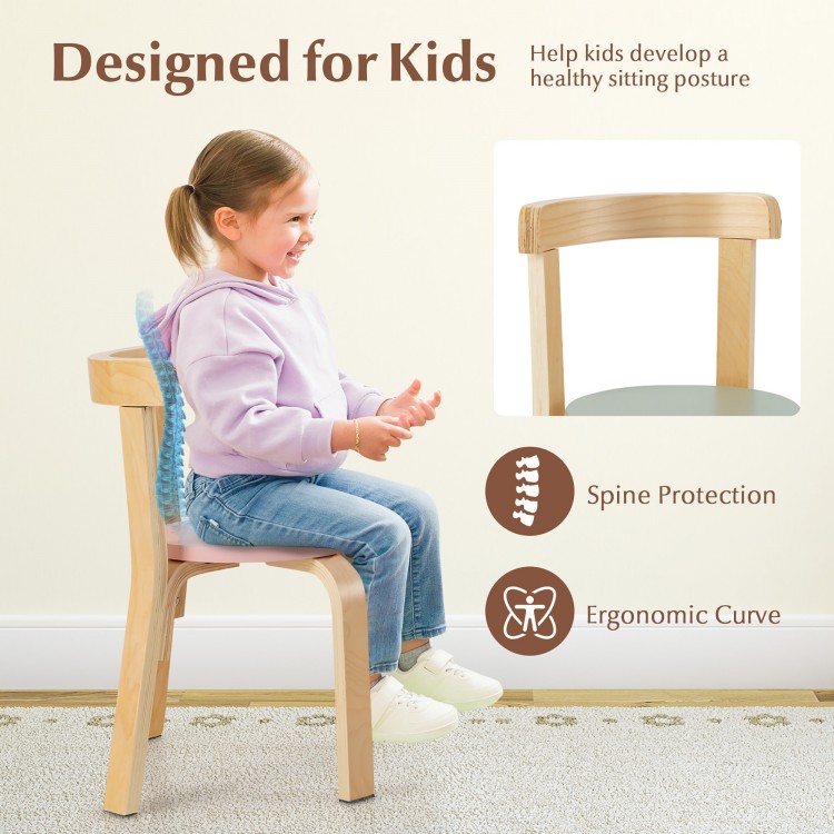 Kids wooden chair with ergonomic curve, designed for healthy posture, part of a multi-color activity table set.