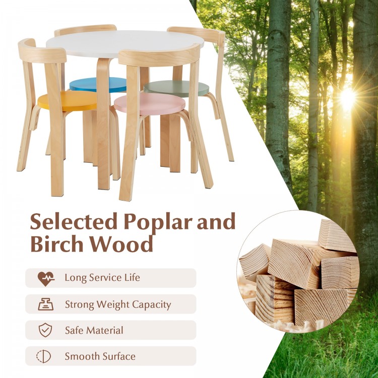 5-piece kids activity table and chair set in multi-color, made of poplar and birch wood, perfect for playtime.