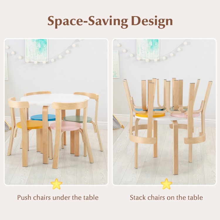 5-piece kids activity table and chair set in multi-color, featuring space-saving design for easy storage.