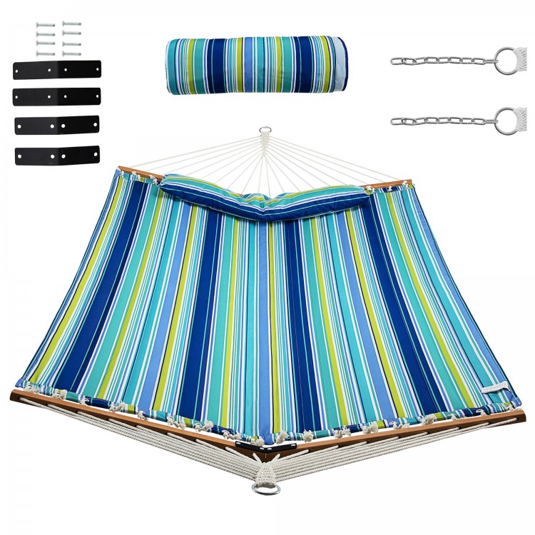 Foldable portable patio hammock swing chair bed with blue and green stripes, includes detachable pillow and hanging.