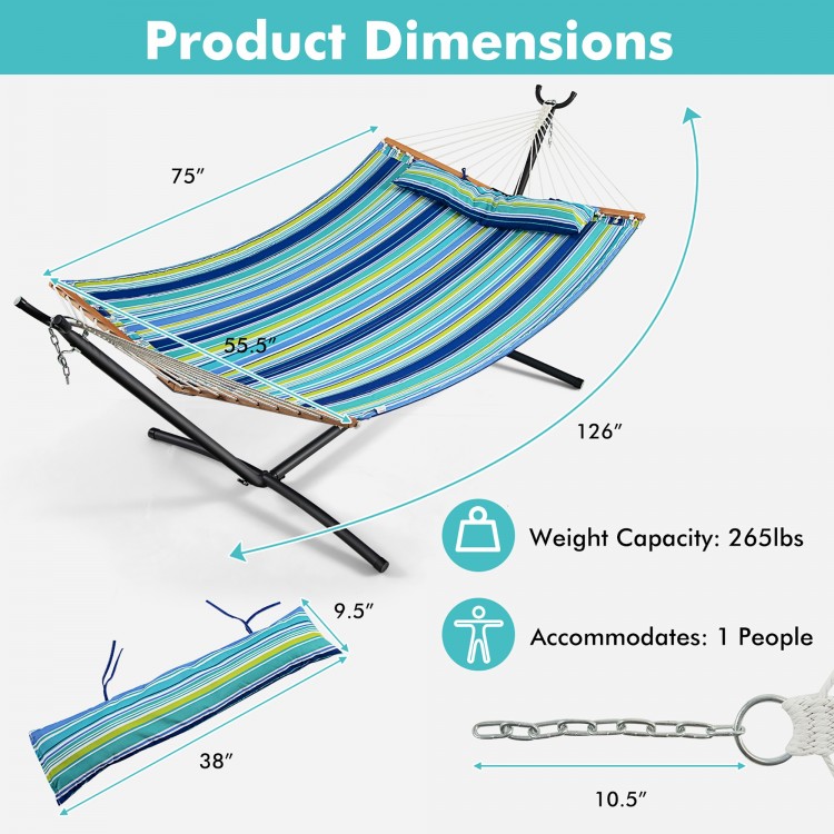 Foldable portable patio hammock swing chair bed with dimensions, accommodating 1 person, ideal for outdoor relaxation.