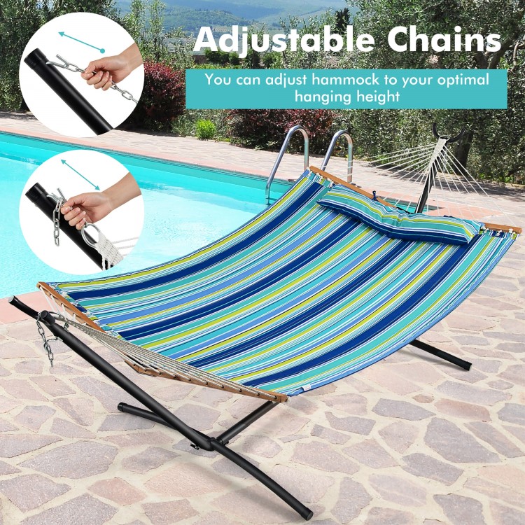 Foldable portable patio hammock swing chair bed with adjustable chains and detachable pillow for comfortable outdoor.