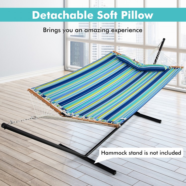 Foldable portable patio hammock swing chair bed with detachable pillow, featuring a colorful striped design for indoor.