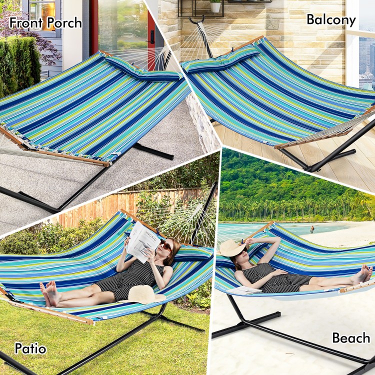 Foldable portable hammock swing chair bed in blue and green stripes, perfect for patio, beach, or balcony relaxation.
