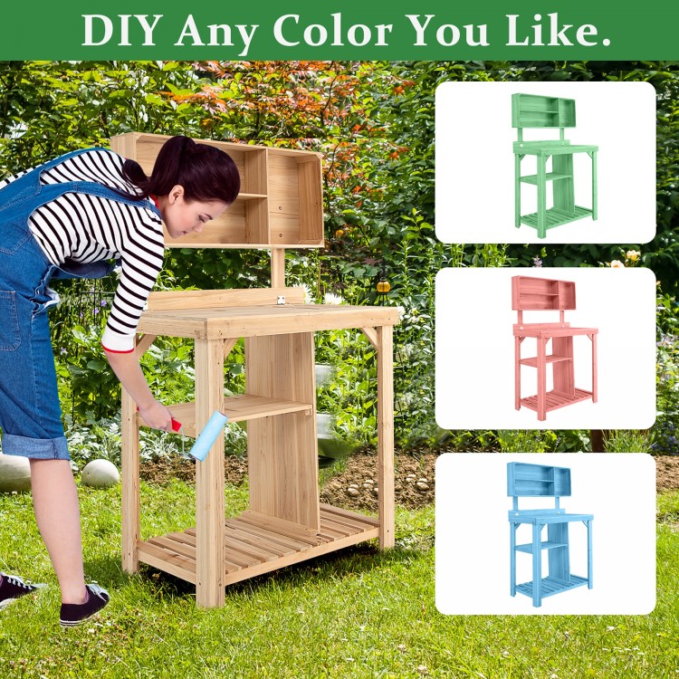 Garden wooden potting table workstation with storage shelves, made of durable fir wood, ideal for gardening tasks.