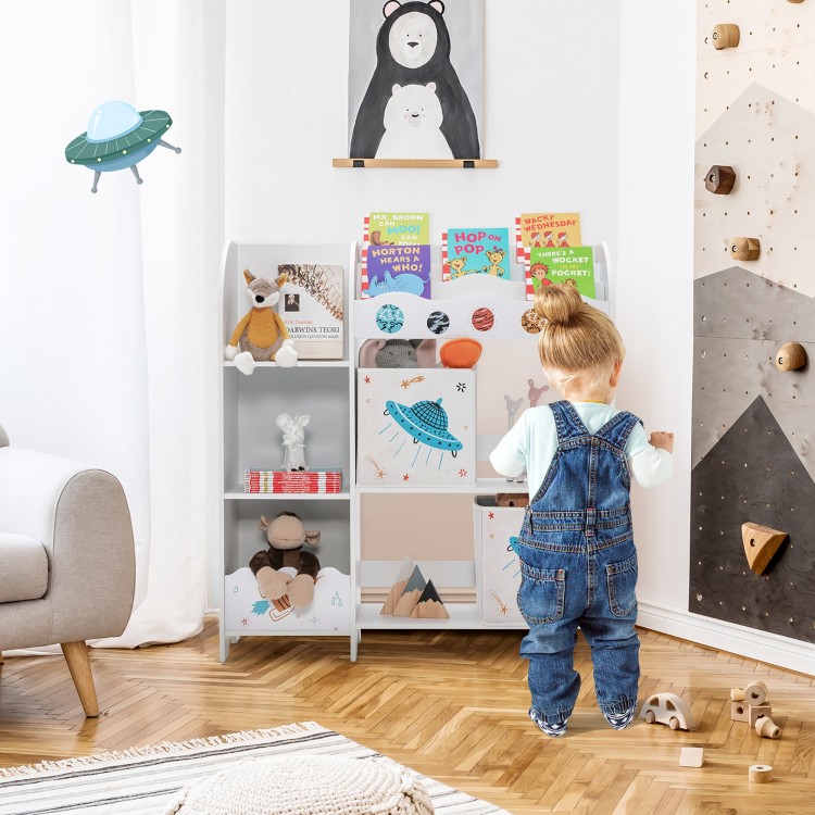 Kids wooden storage cabinet with 5 compartments and 2 cloth drawers, perfect for organizing toys and books in a.