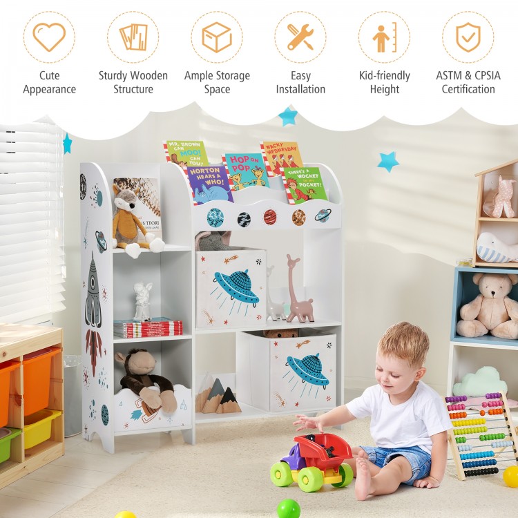 Kids toy and book organizer with 5 compartments and 2 cloth drawers, designed for safety and easy access in a playroom.