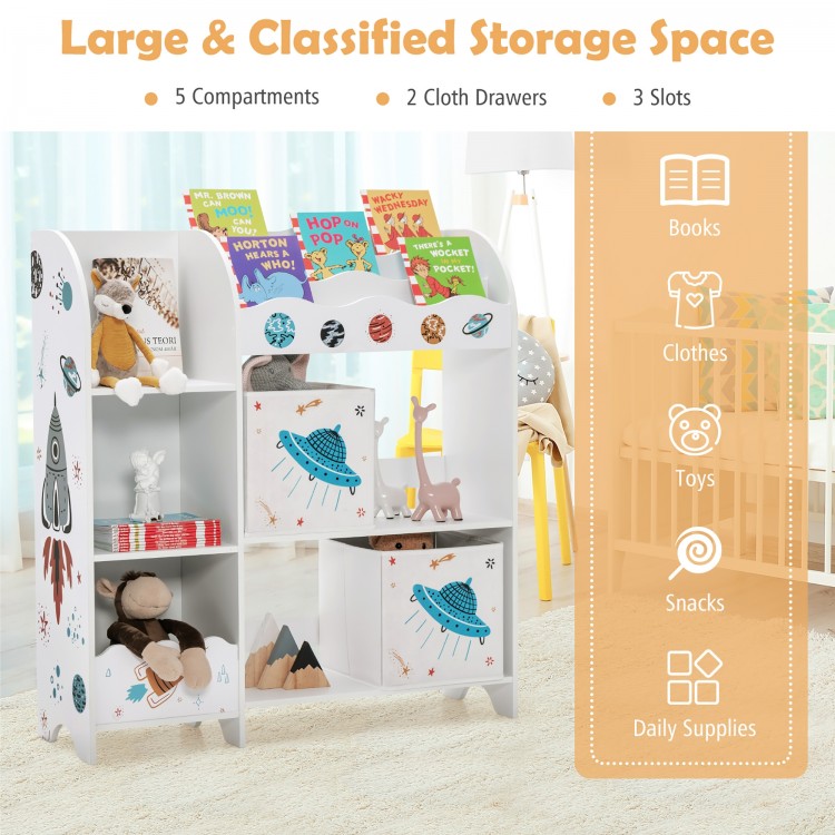 Kids toy and book organizer with 5 compartments, 2 cloth drawers, and 3 slots for versatile storage in a children's.
