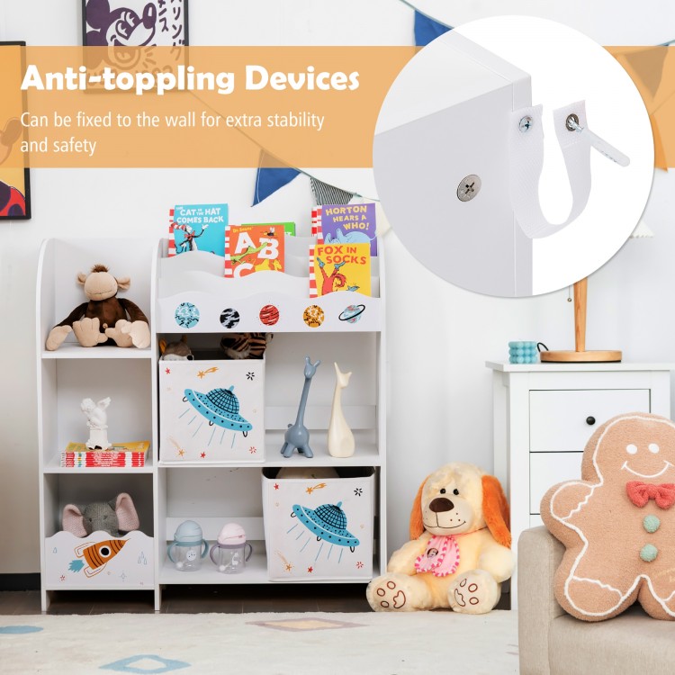 Kids toy and book organizer with 5 compartments, 2 cloth drawers, and anti-toppling devices for safety and stability.