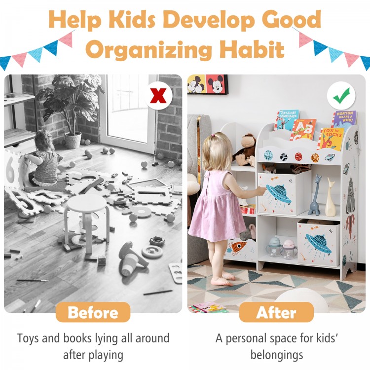 Kids toy and book organizer with 5 compartments and 2 cloth drawers, designed for easy access and safety in playrooms.