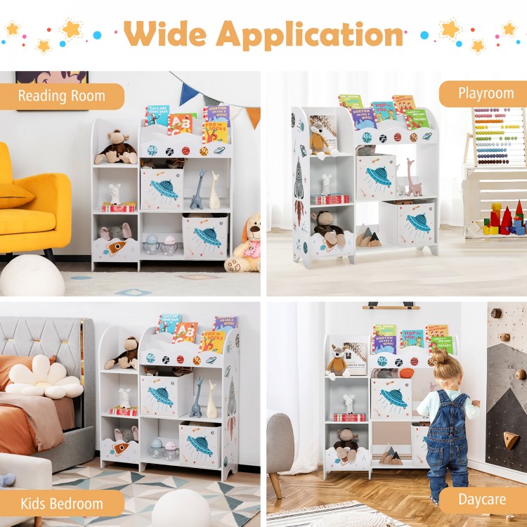 Kids wooden storage cabinet with 5 compartments and 2 cloth drawers, ideal for organizing toys and books in playrooms.