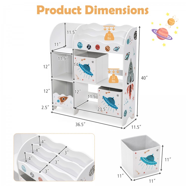 Kids toy and book organizer with 5 compartments and 2 removable cloth drawers, designed for safety and easy access.