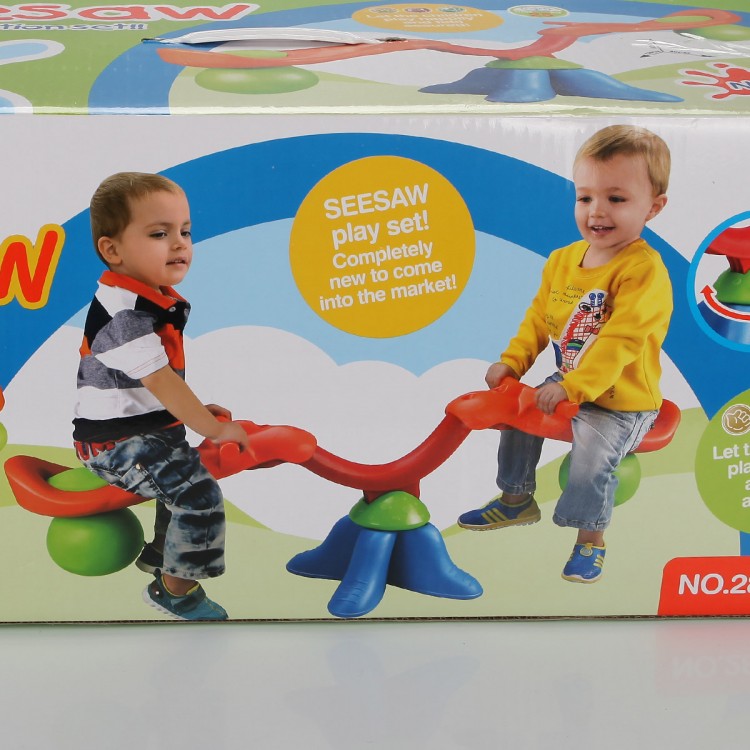 Kid's seesaw with 360-degree spinning feature, made of safe materials, designed for two children, in bright colors.