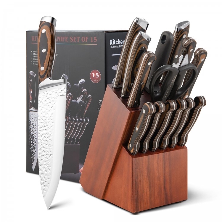 15-piece stainless steel knife block set with ergonomic hardwood handles, sharpener rod, and kitchen shears for.