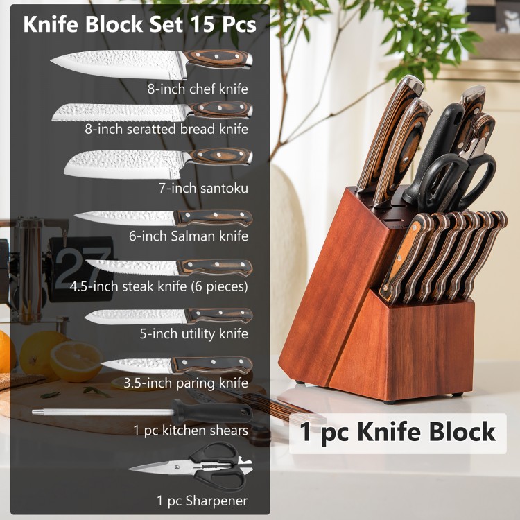 15-piece stainless steel knife block set with ergonomic handles, including chef knife, shears, and sharpener for.