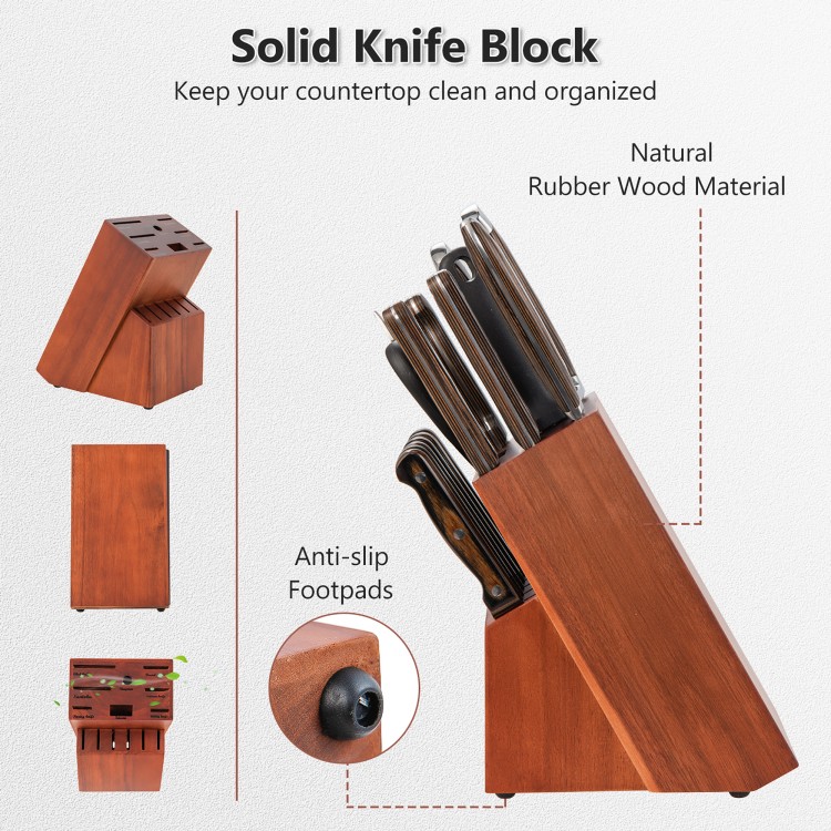 Solid rubber wood knife block with 15-piece stainless steel knife set for organized kitchen storage and easy access.