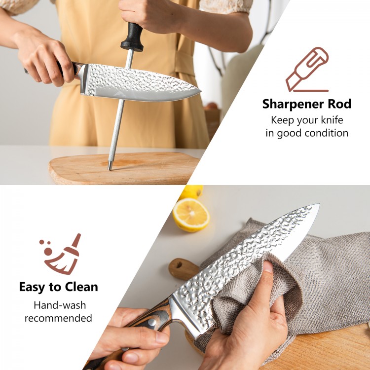 Close-up of a stainless steel chef knife with a hammered blade, featuring a sharpener rod for maintaining sharpness.