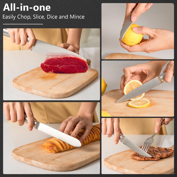 Chef's knife slicing meat on a wooden cutting board from the 16-piece stainless steel kitchen knife set.