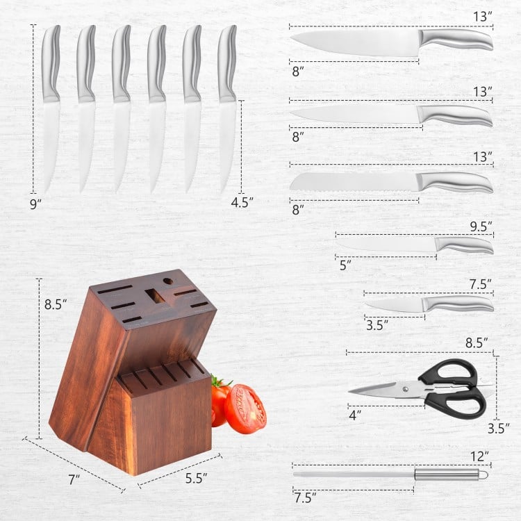 14-piece stainless steel kitchen knife set with rubber wood block, including chef's, bread, and steak knives for.