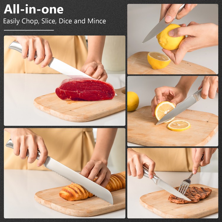 14-piece stainless steel kitchen knife set with chef's knife, bread knife, and paring knife, ideal for versatile food.