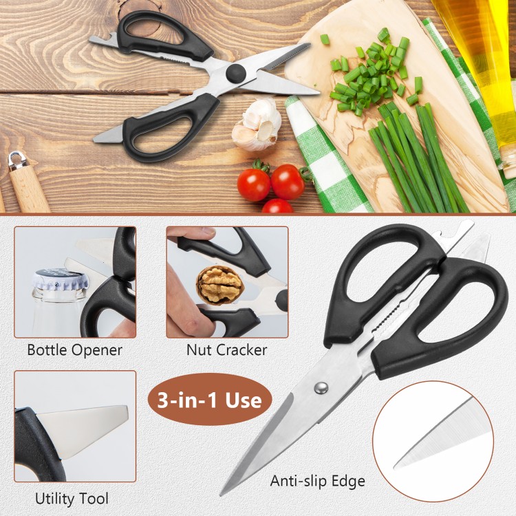 Kitchen scissors with anti-slip edge, stainless steel material, and multifunctional use for cutting and opening.