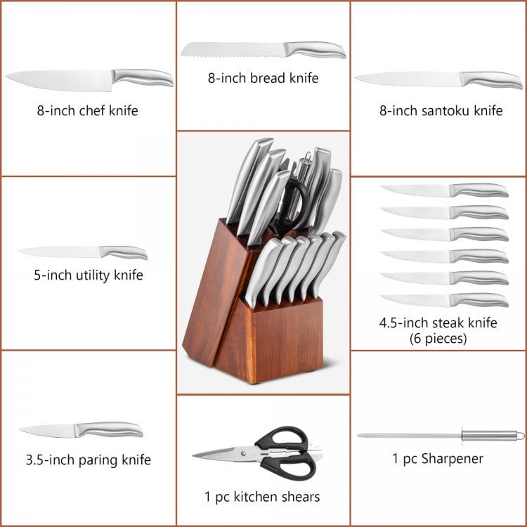 14-piece stainless steel kitchen knife set with rubber wood block, including chef's, bread, and utility knives.