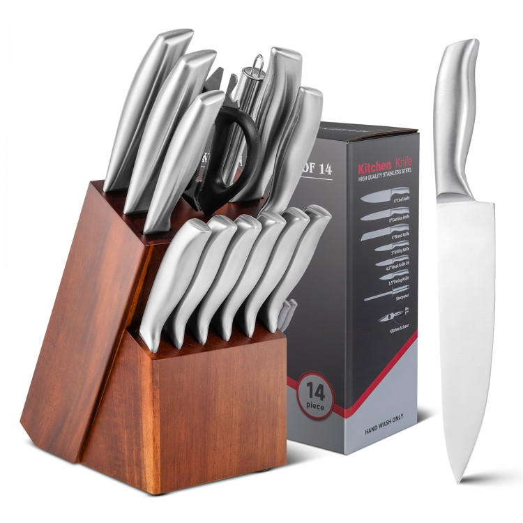 14-piece stainless steel kitchen knife set in a rubber wood block, featuring various knives and a sharpener for easy.