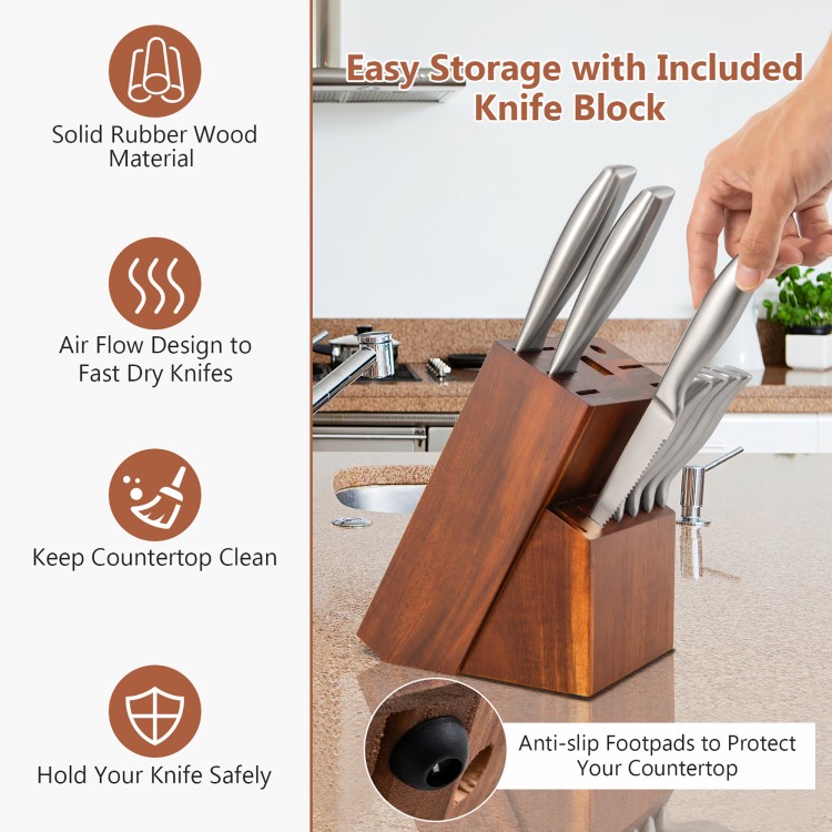 14-piece stainless steel kitchen knife set in a rubber wood block, featuring easy storage and a built-in sharpener.