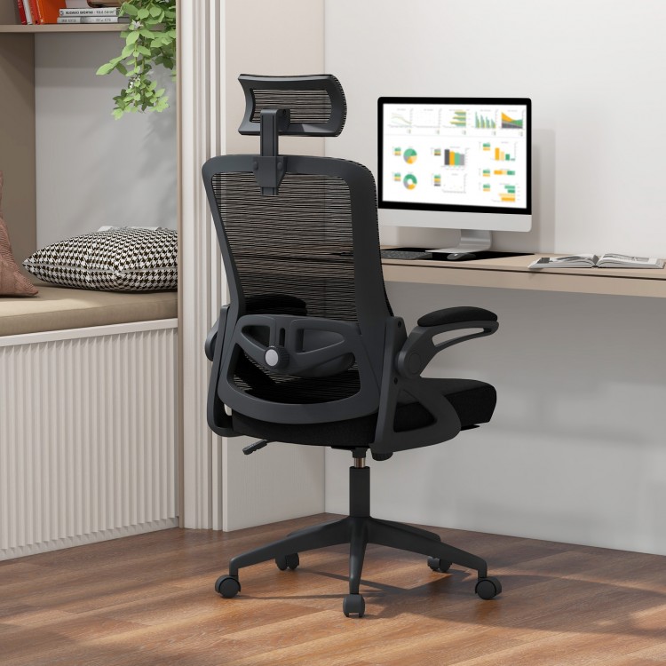 Ergonomic black adjustable swivel task chair with lumbar support, flip-up armrests, and rolling wheels for office use.