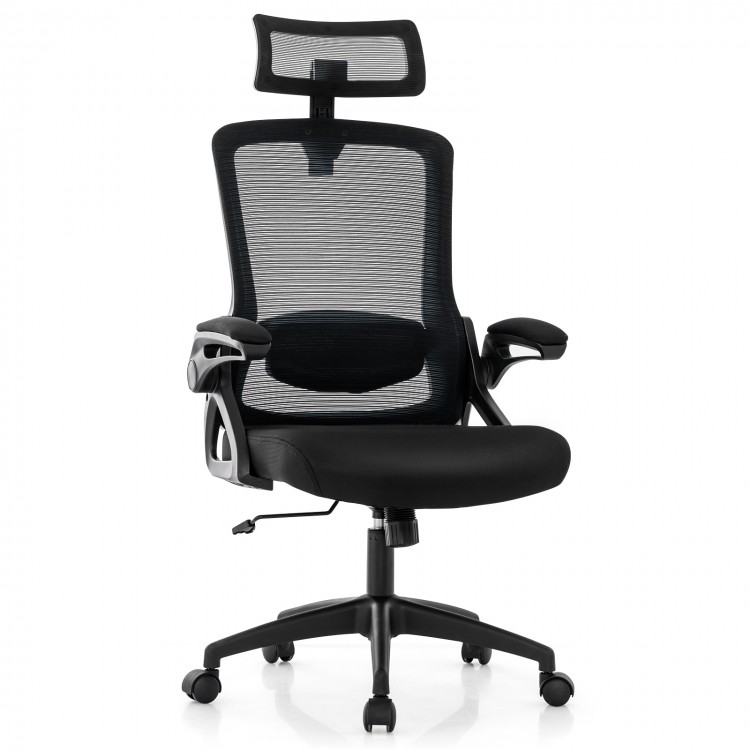 Ergonomic adjustable swivel task chair in black with lumbar support, flip-up armrests, and height-adjustable headrest.