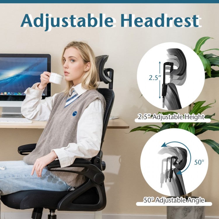 Adjustable headrest of ergonomic office chair with 2.5" height and 50° angle for personalized comfort and support.