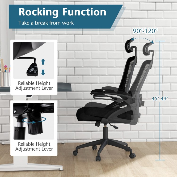 Adjustable swivel task chair with ergonomic design, height-adjustable lumbar support, and rocking function for comfort.