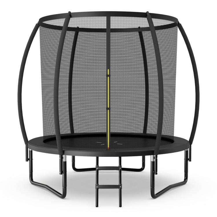10-foot black trampoline with enclosure net, ASTM certified, features curved poles and non-slip ladder for outdoor fun.