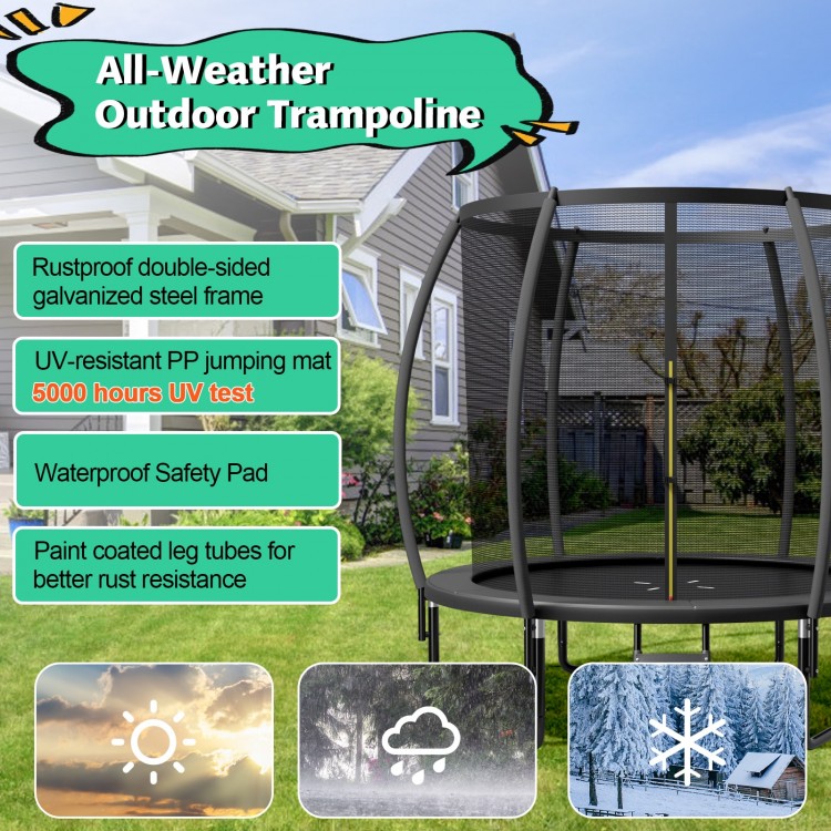 10-foot black trampoline with UV-resistant mat, safety pad, and rustproof steel frame, ideal for outdoor fun.