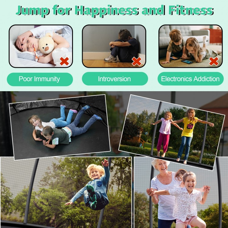 10-foot ASTM approved trampoline with enclosure net and ladder, designed for outdoor fun and safety for all ages.